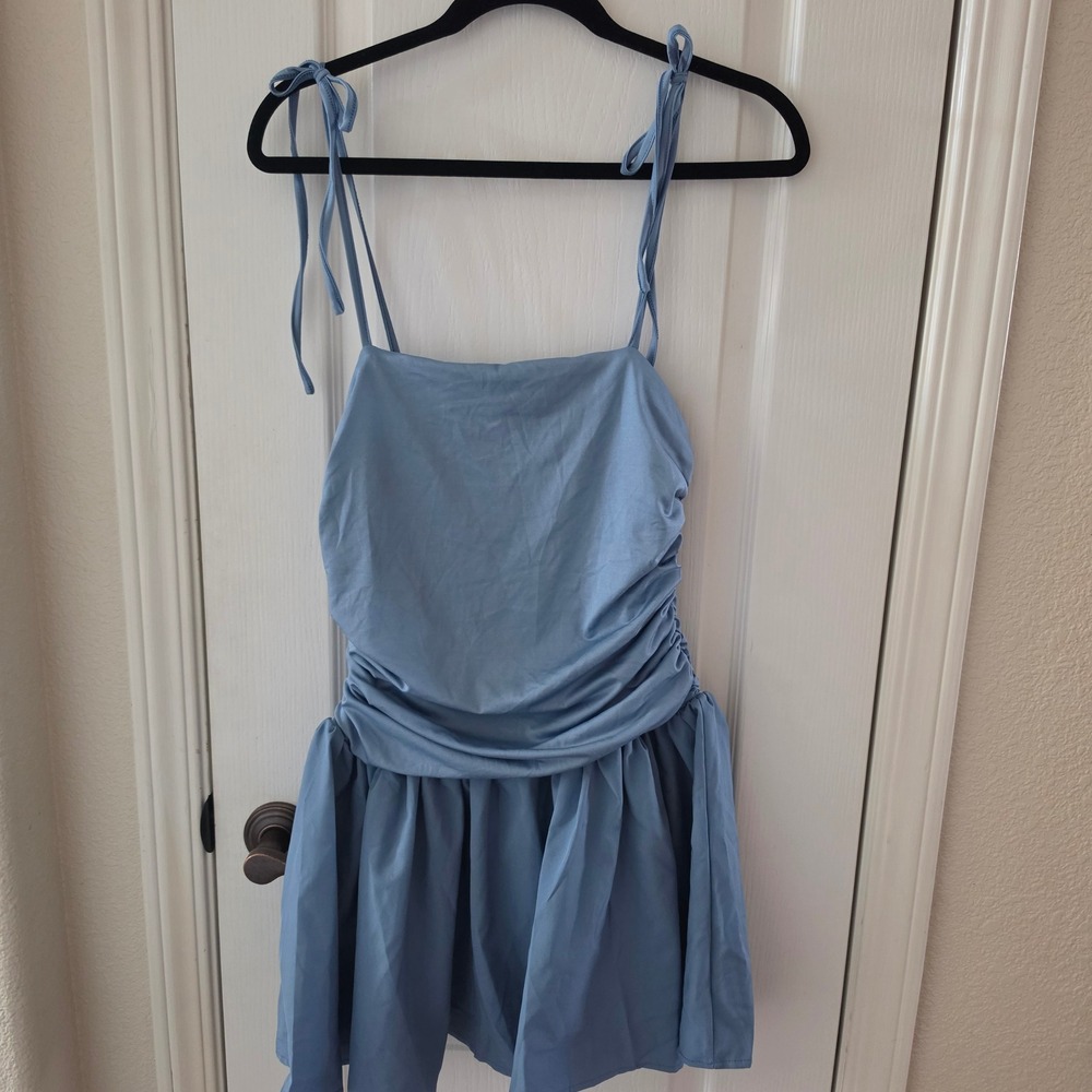 Blue Ruched Tie Shoulder Mini Dress Square Neck Fit and Flare Size Medium